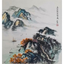 国画山水《春江秋水柏山流》-楼开敏